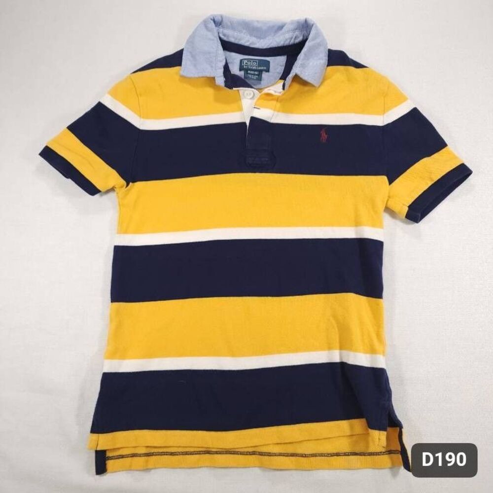 Polo Ralph Lauren Preppy Rugby Polo Shirt Navy Yellow Striped Youth M 10-12